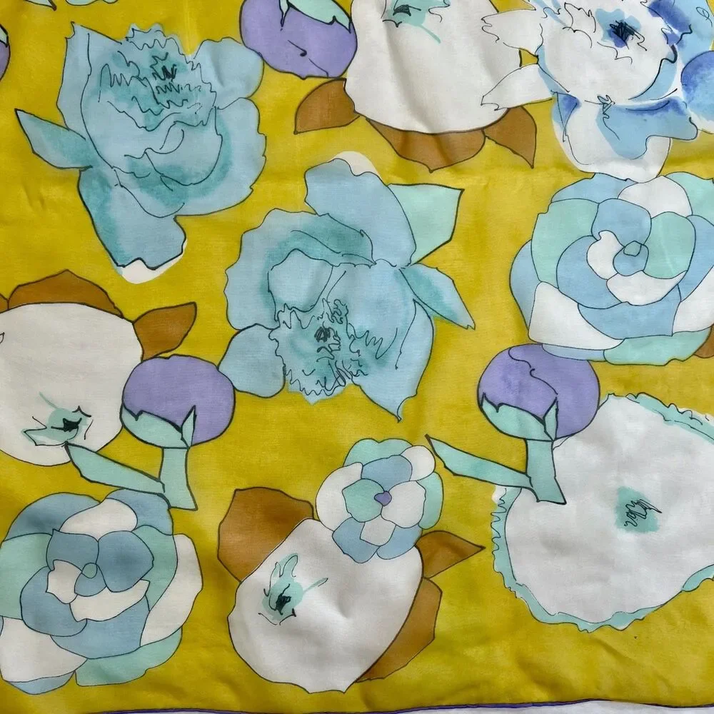vintage yellow blue white floral scarf square poly chiffon